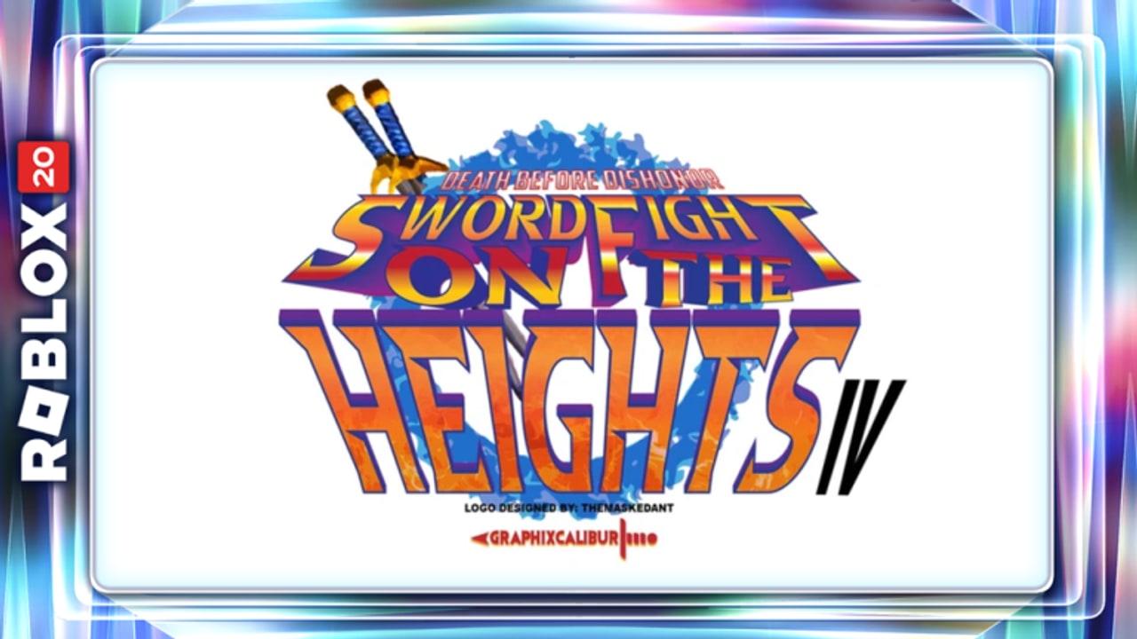 Sword Fights on the Heights IV Roblox arena with floating platforms and sword fighters